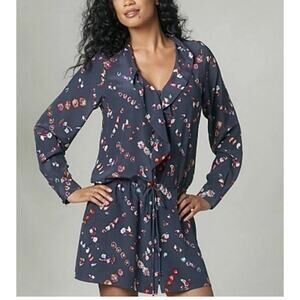 Rebecca Taylor Silk Shirt Dress Floral Navy Long Sleeve Drawstring Button Sz 4